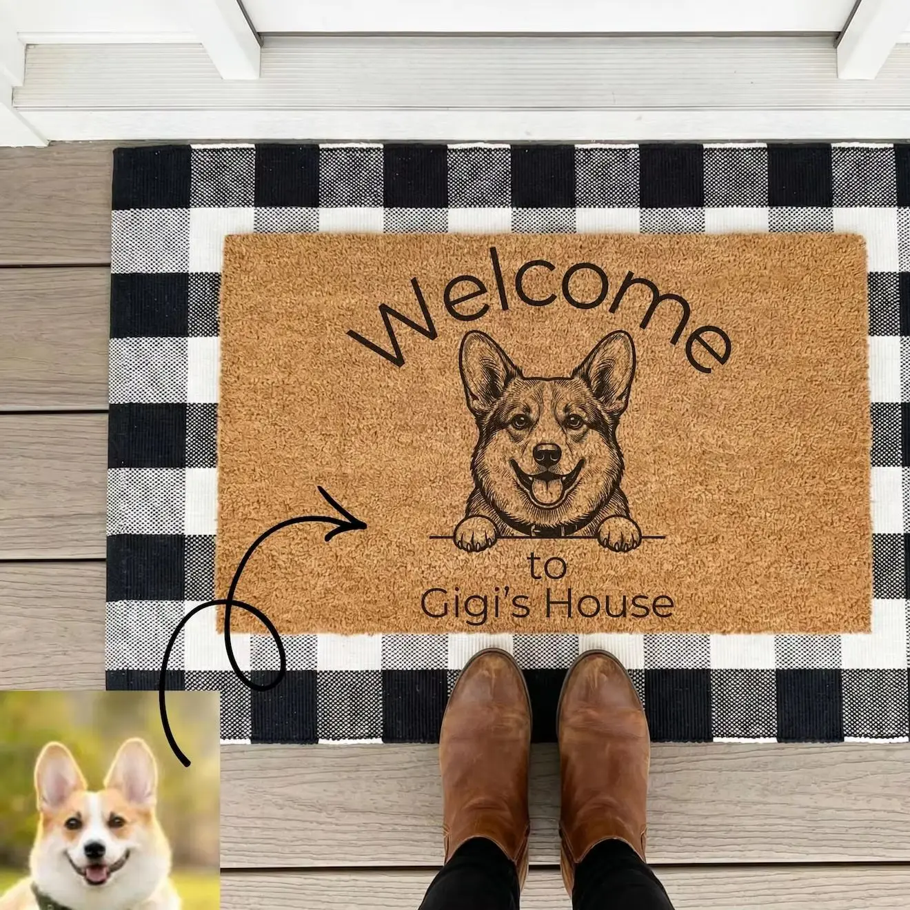 

Personalized Dog Portrait Doormat Custom Pet Welcome Mat Engraved Style Illustration Pet Photo Outdoor Indoor Decor House Rugs