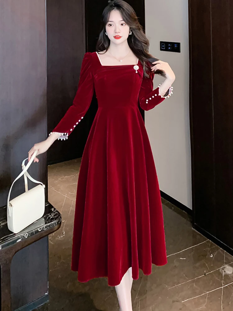 Autumn Winter Red Velvet Beading Sexy Midi Dress Women Chic Prom Luxury Party Evening Vestidos 2024 Korean Elegant Wedding Dress