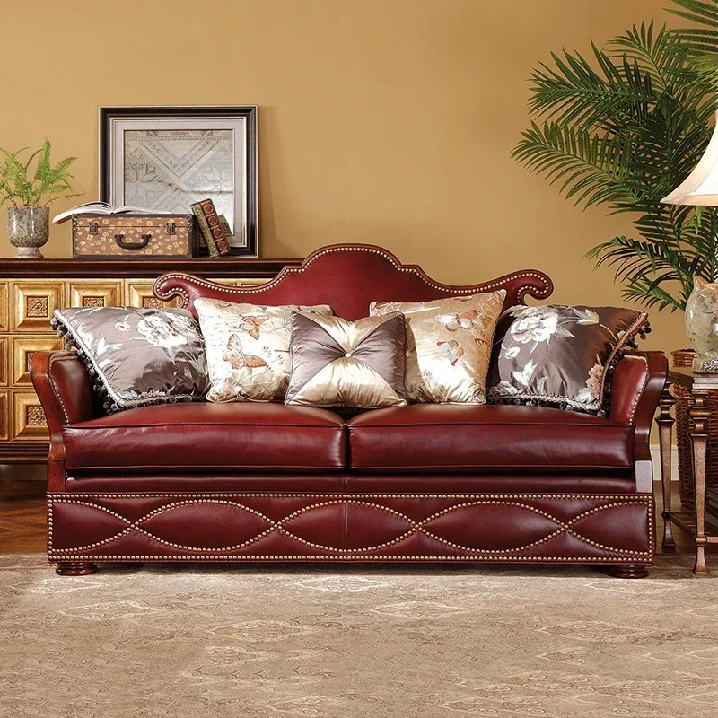 

Customized American European retro front cowhide four-person sofa combination villa large solid wood leather sofa