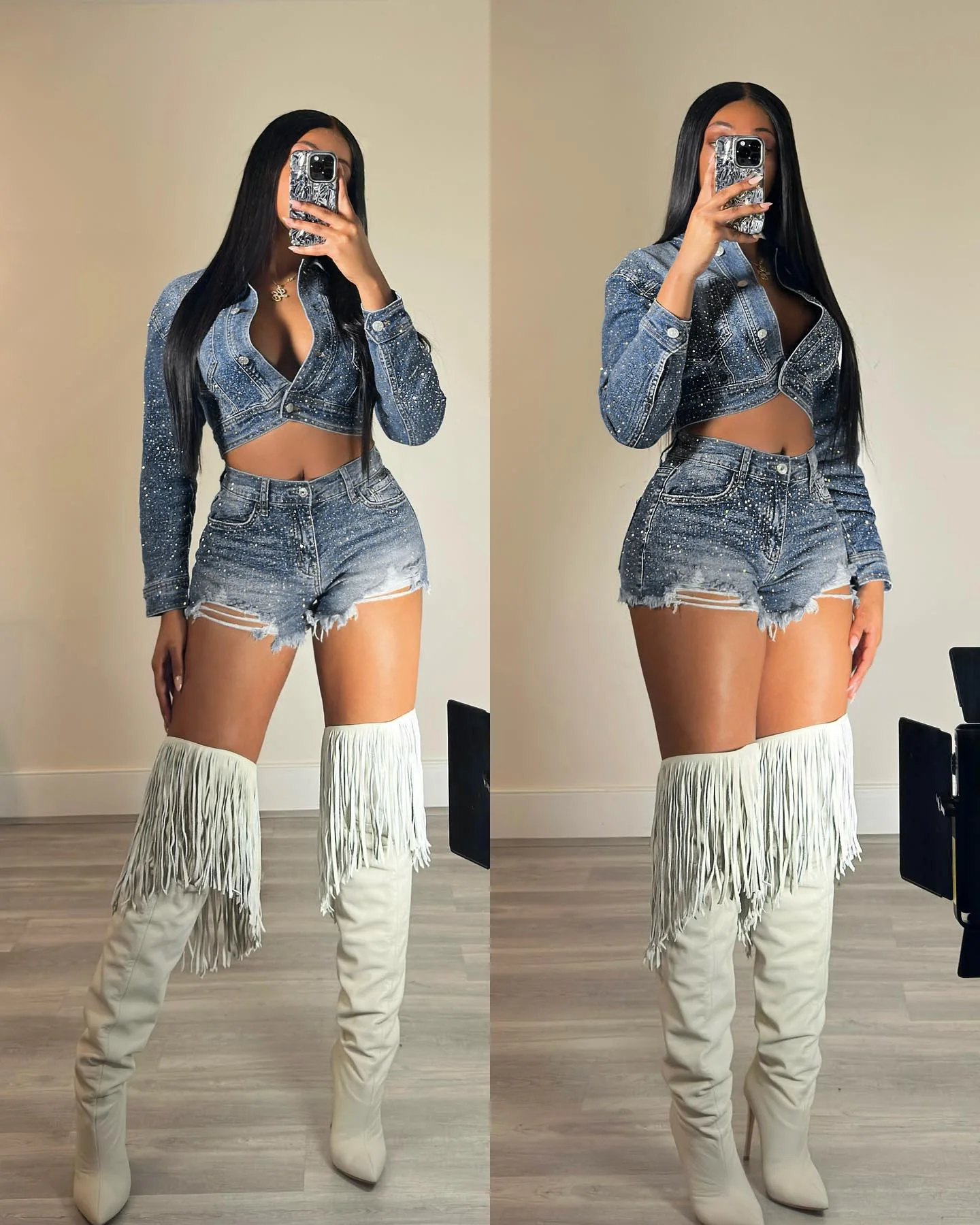 

Women Set Spring Autumn Fashion Rhinestone Denim Jacket And Ripped Short Jeans Casual Two-Piece Set Women'S Denim Jacket Sets