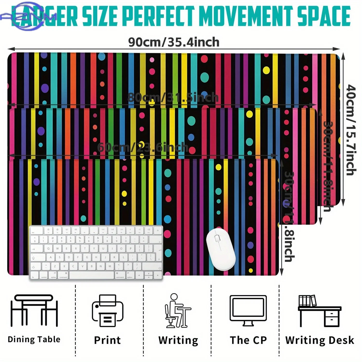 Large Gaming Mouse Pad with Dotted Stripes Design - Non-Slip Rubber Desk Mat for Office & Home, Vibrant Colorful Stripes, Perfec