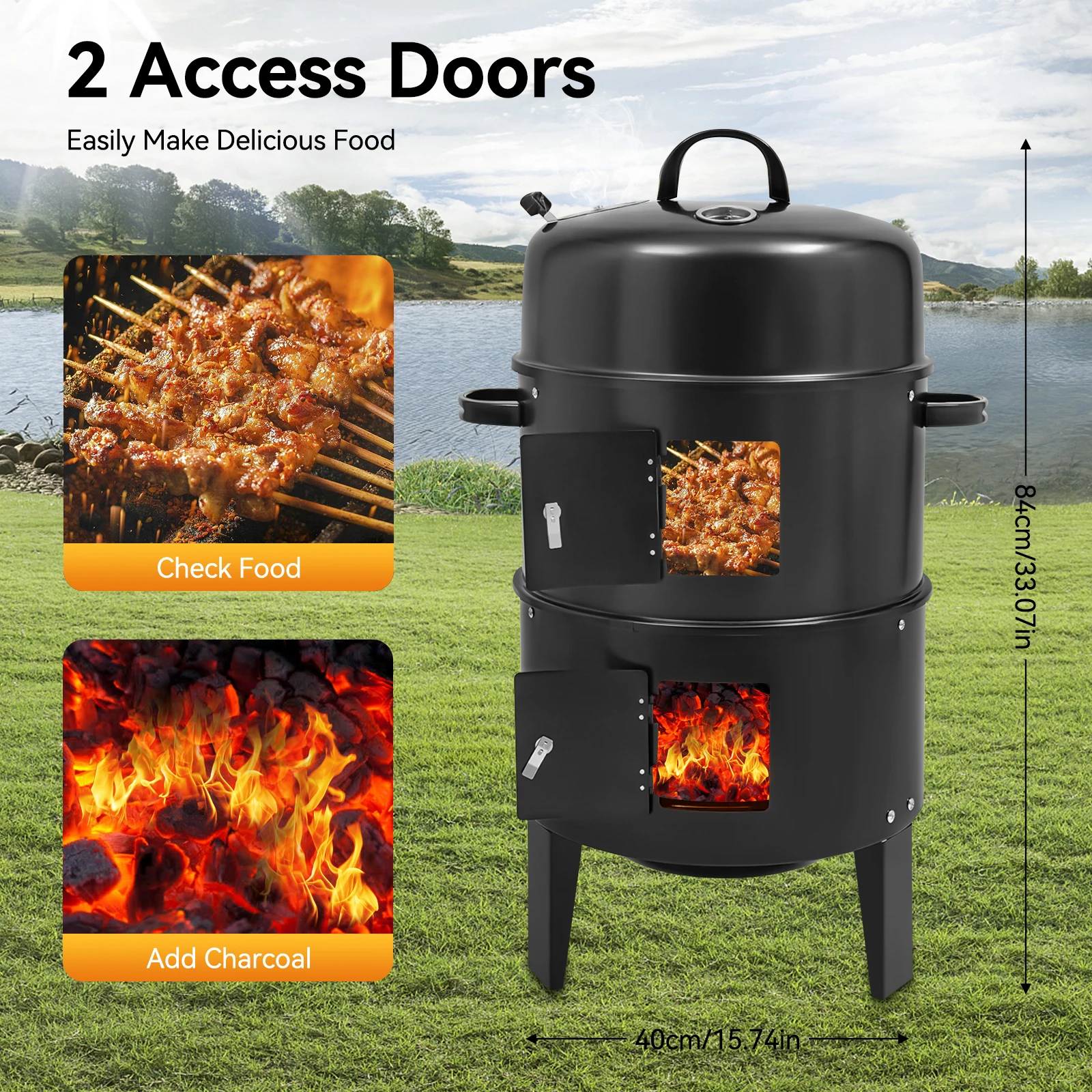 2-Schichtiger Multifunktionaler Räuchergrill 3-in-1 Outdoor BBQ Smoker Leicht zu Transportieren Verchromter Grill für Familienfeiern – Detail 7