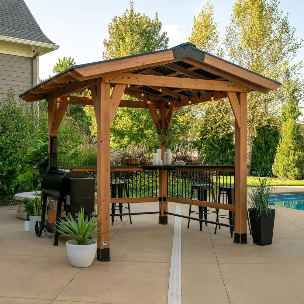 

Gazebo Pavilion w/Outdoor Bar, 80" Grill Space, Hard Top Steel Metal Roof, Wind Resistant - 100 mph, Supports 4,800 lbs of Snow