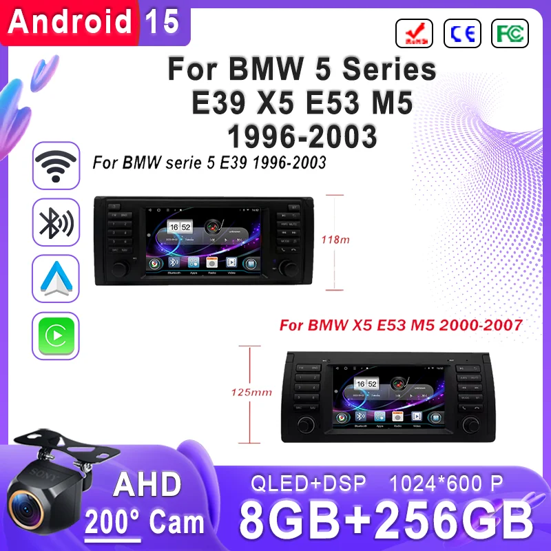 7 Inch Auto Radio Android 15 Car For BMW 5 Series E39 1996 - 2003 Multimedia Dash Cam Player Screen GPS Navigation Head Unit BT