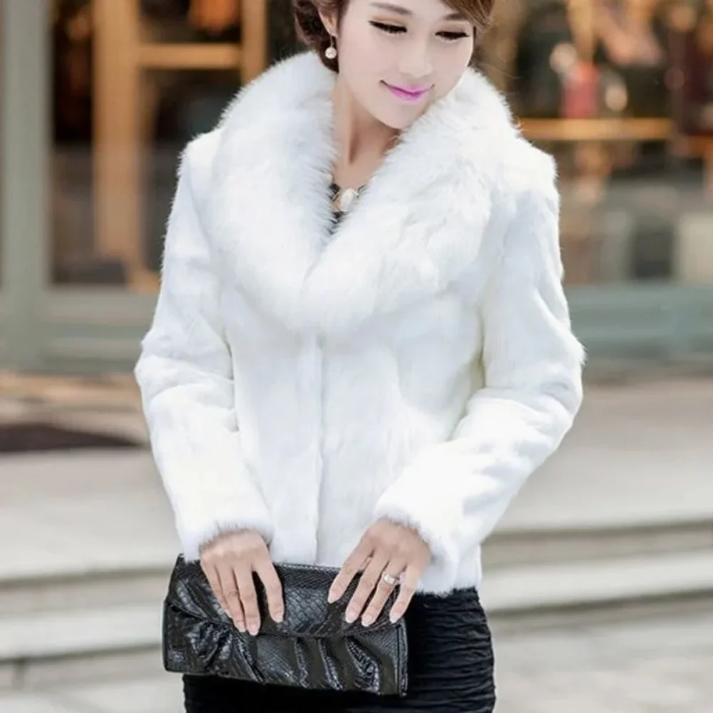 Natural Fox Fur Collar Jacket Genuine Whole Skin Rabbit Fur Coat Luxury Real Full Pelt Rabbit Fur Overcoat Winter Coat Women