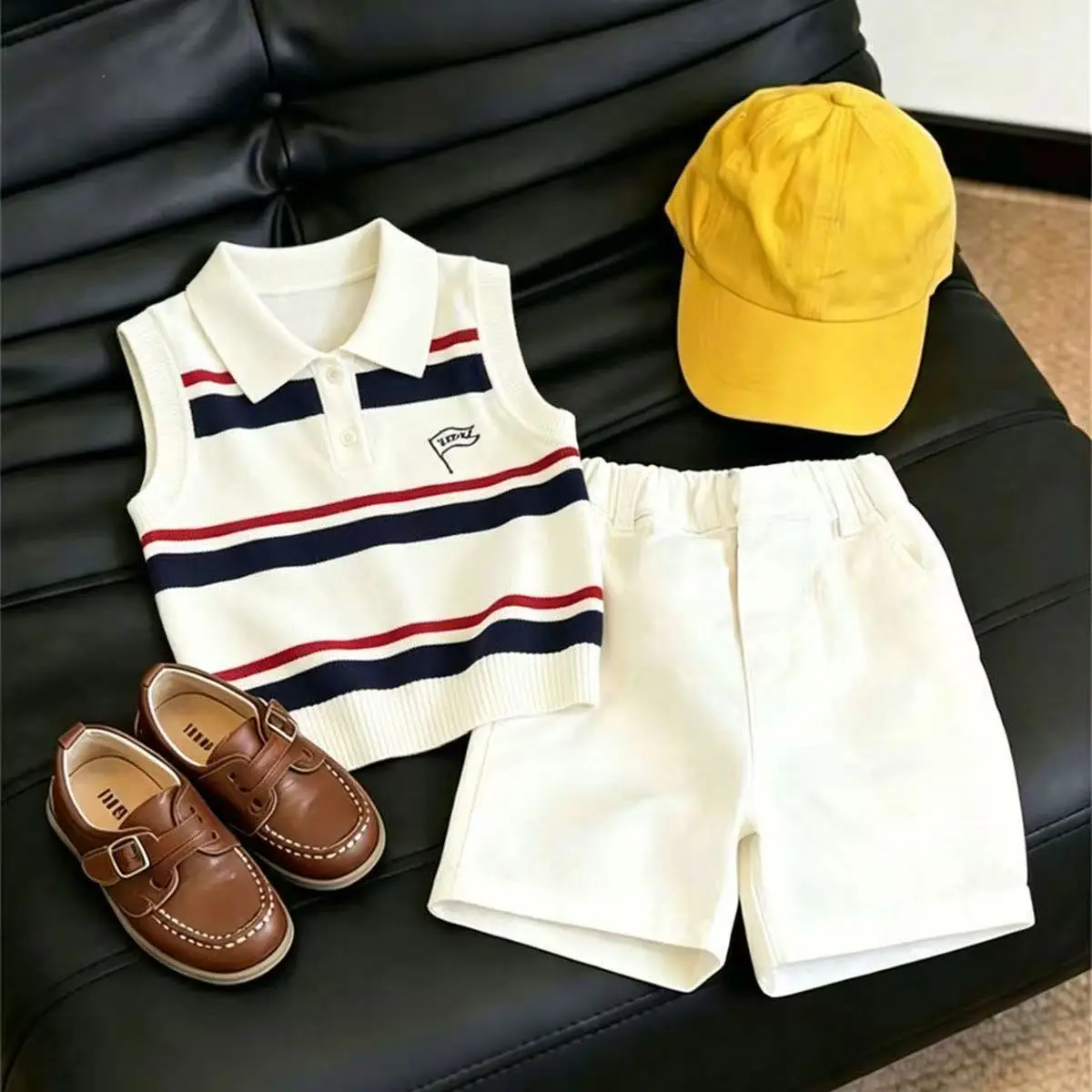 Boys'and Girls Summer Set Fashion New Style Children's Striped Polo Collar Sleeveless Knitted Vest +Casual Shorts 2-piece Set
