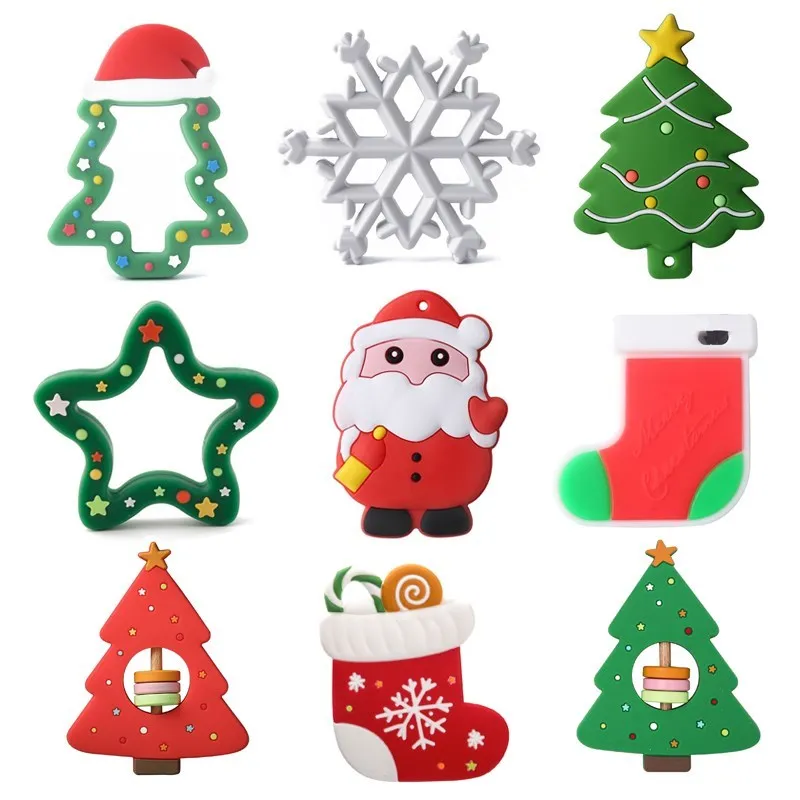 

1PC Baby Teether Santa Claus Snowflake Christmas Tree Food Grade Silicone Pendants DIY Pacifier Chain Baby Silicone Teether