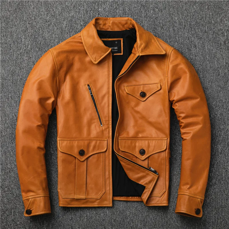 

YR!Free shipping.classic brakeman style genuine leather jacket.Pakistani vegetable tanning oil wax sheepskin coat,vintage