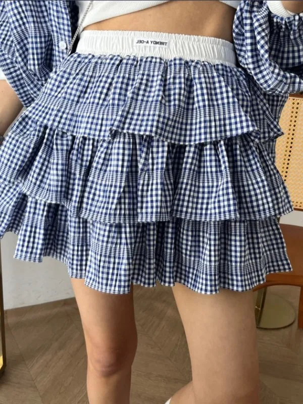 Geruite rok voor dames, elastische taille, gelaagde kanten zoom, afslankende, leeftijdverlagende, veelzijdige, volledig geplooide rok