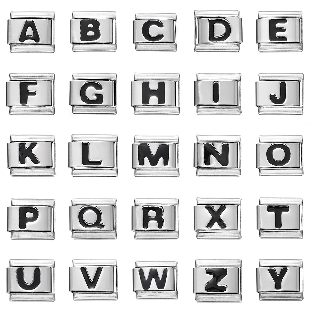 Fashion Black 26 English Letters Italian Charm Links Fit 9mm Stainless Steel Bracelet Making Women Men Jewelry Accessories
