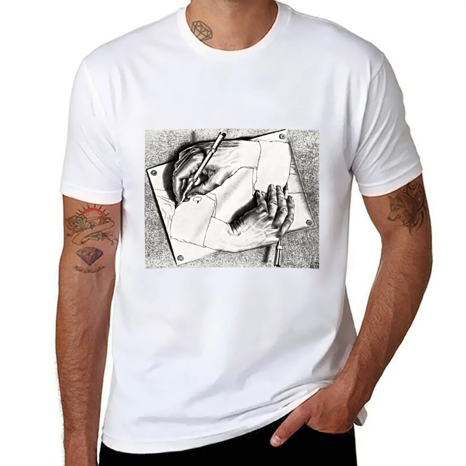 

Escher Drawing Hands Art Poster 1948 Imp-Art Surreal Poster T-Shirt g man t shirts for men cotton t shirts high quality