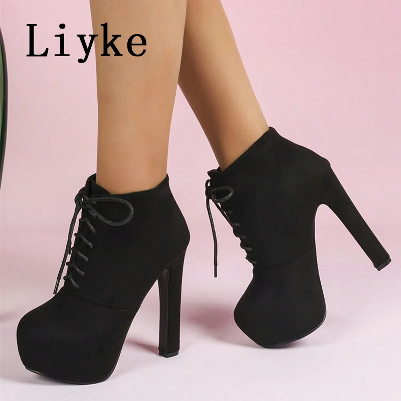 Liyke Fashion Lace Up Women Platform Ankle Boots Sexy Party Club Stripper Pole Dance Shoes Stiletto High Heels Botas De Mujer
