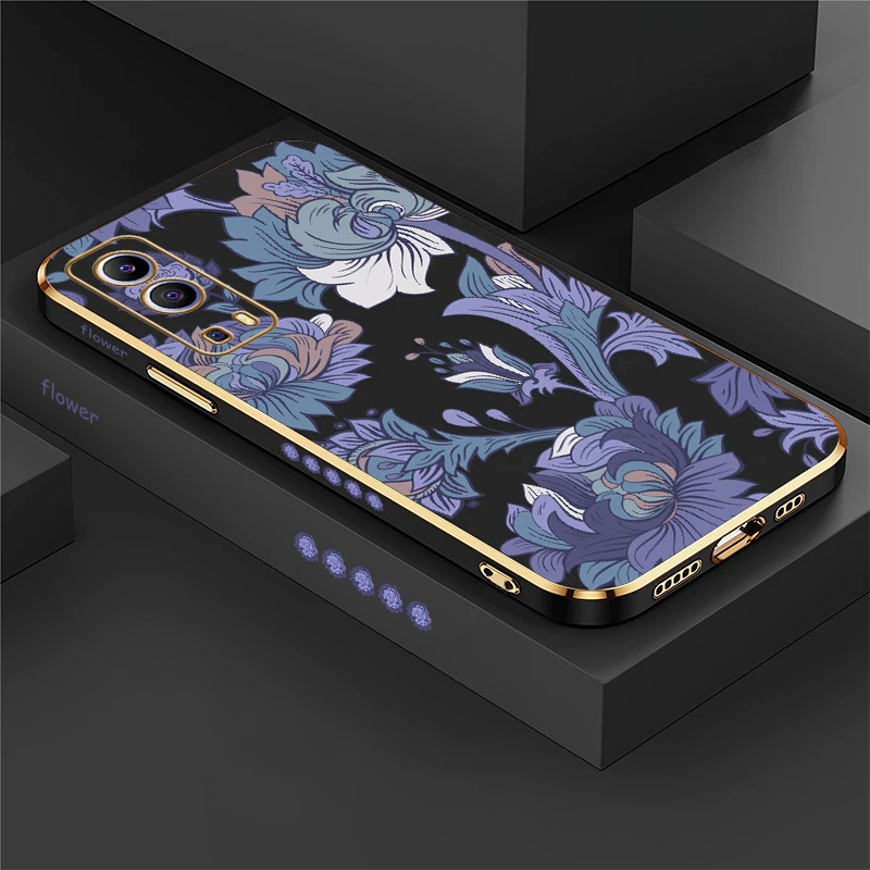럭셔리 도금 소프트 TPU 폰 케이스 Vivo IQOO Z9 Z9X U5X U1X Neo Z3 Z7 충격 방지 실리콘 렌즈 보호 꽃무늬 커버