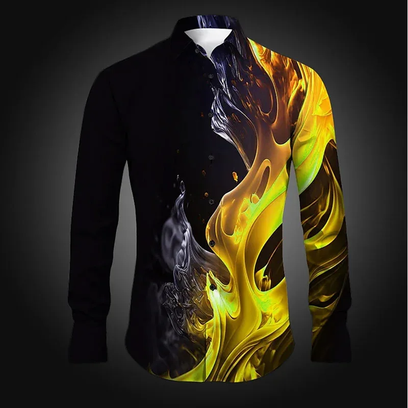 Summer Color Lines 3D Floral Print Men's Long Sleeve Shirt Single Row Zipper Fashion Design Long Sleeve Shirt