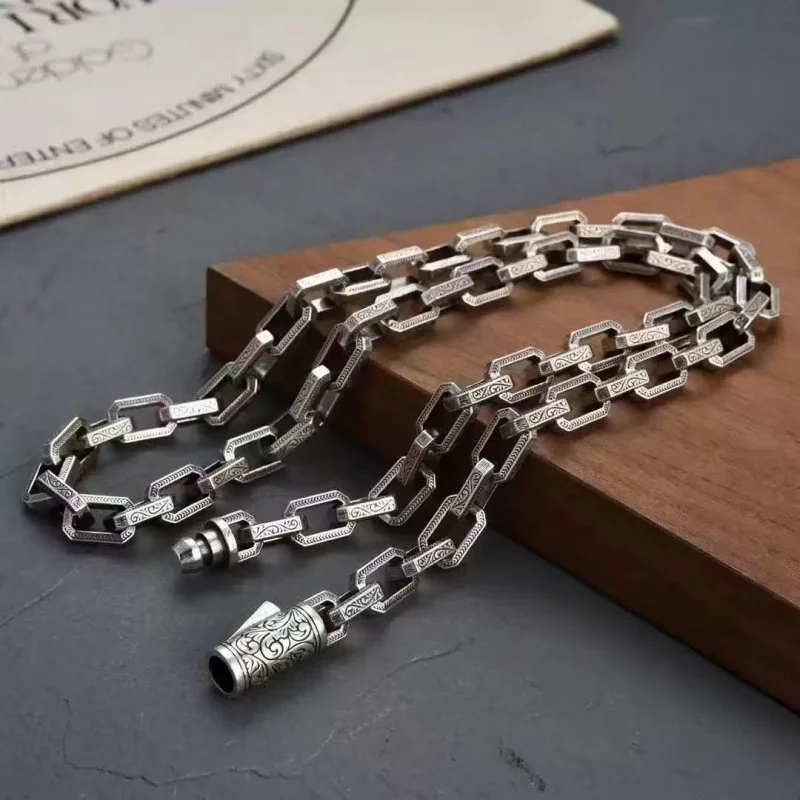 New Rattan Grass Pattern Necklace Men, Unique Retro Solid Square Thick Chain, Ethnic Style Fashion Versatile