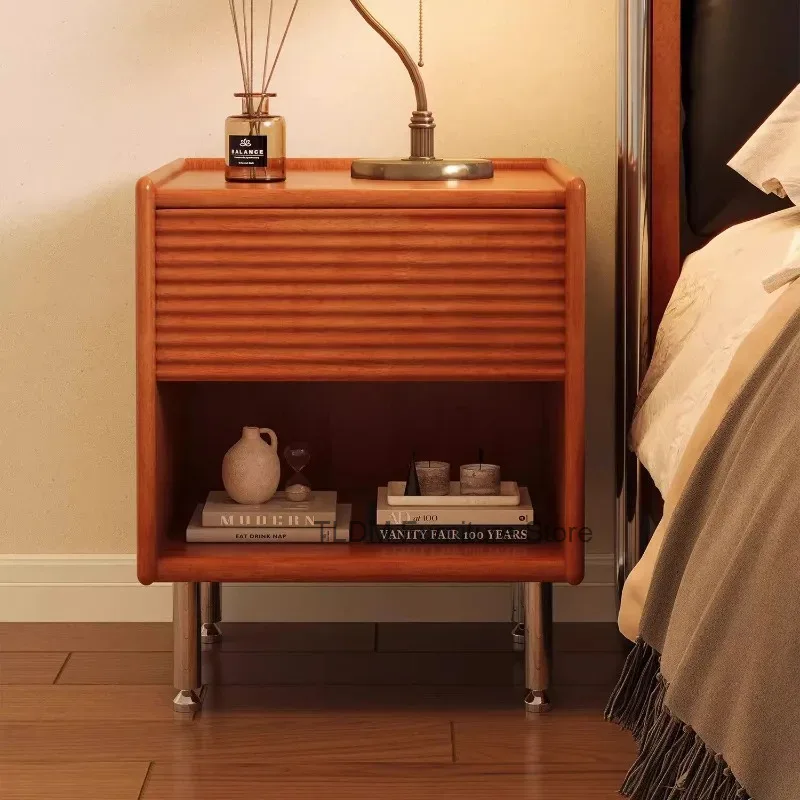 Rippled Panel Single Drawer Nightstand, Open Lower Storage Nook Slender Metallic Support Legs Minimalist Wooden Bedside Cabinet