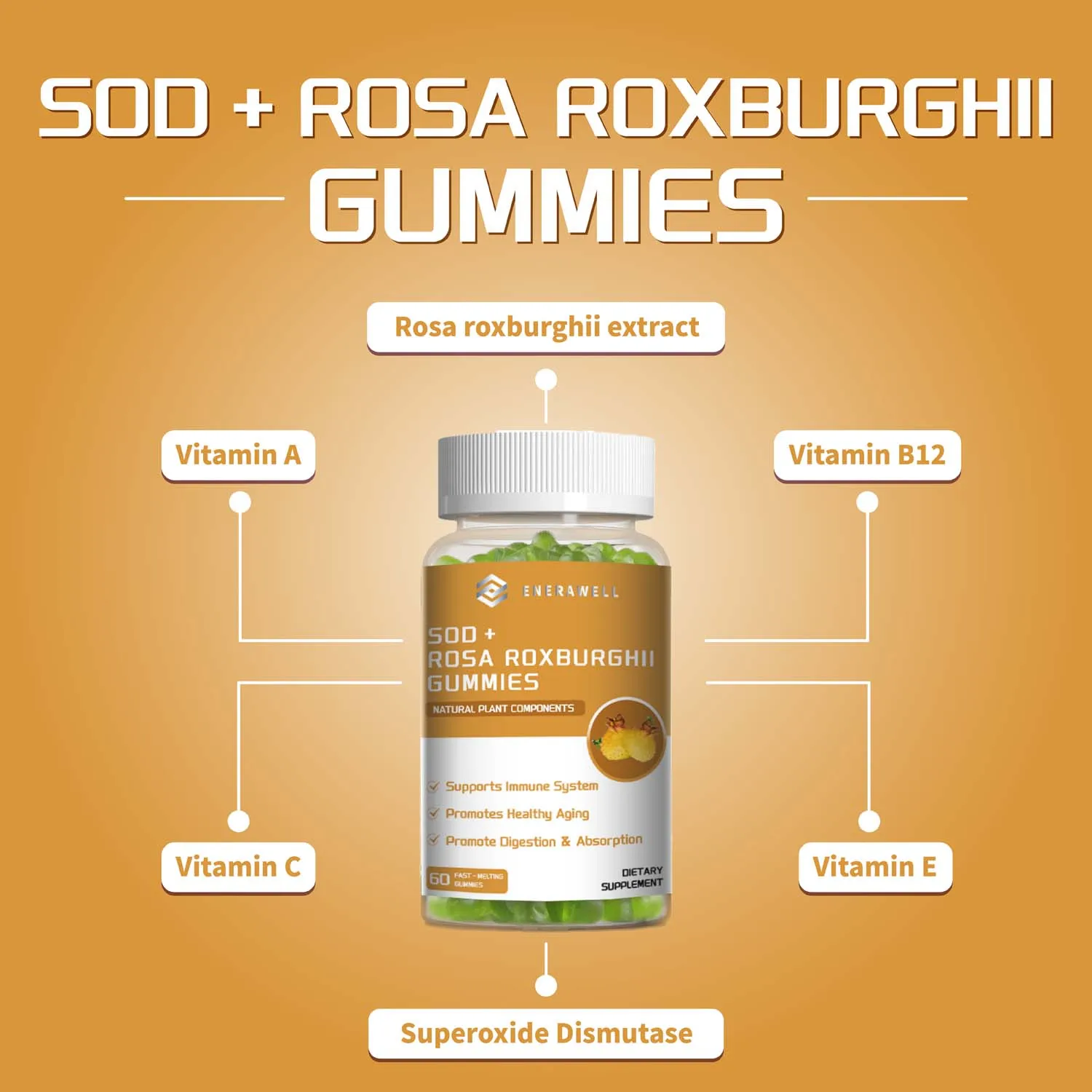 SOD Rosa Roxburghii Gummies Superoxide Dismutase Supplement with Vitamin A C E B12 Antioxidant Immune Skin Health Support 60 Pcs
