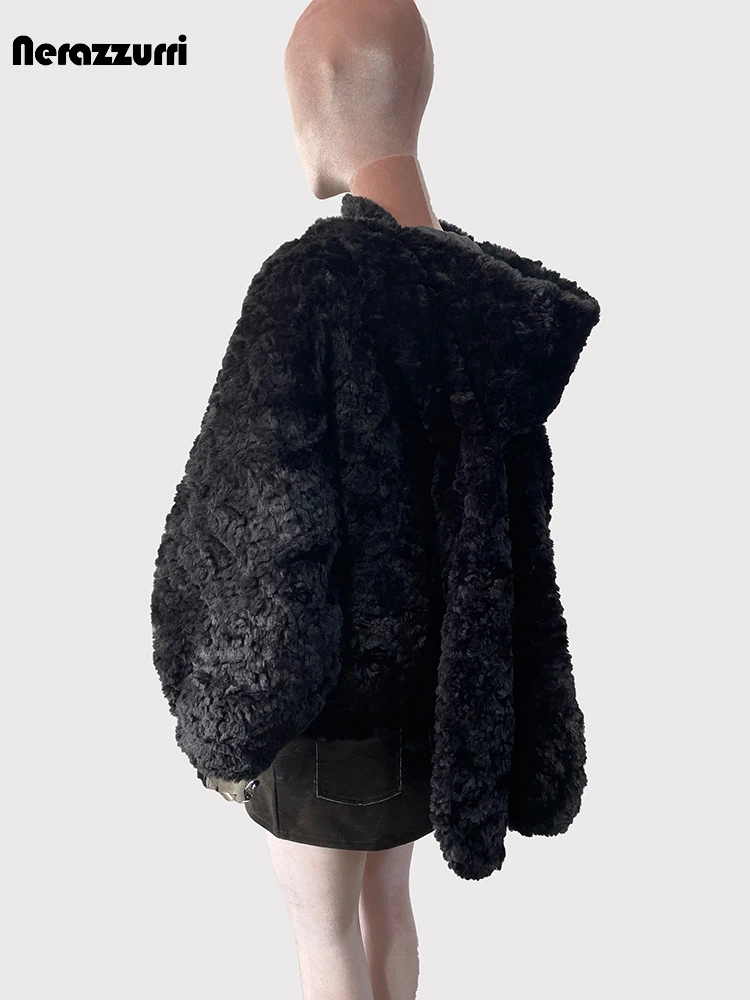 Lautaro autunno inverno carino dolce caldo spesso morbido nero corto cappotto di pelliccia sintetica donna con lunghe orecchie da coniglio Fuzzy Fluffy Jacket felpa con cappuccio