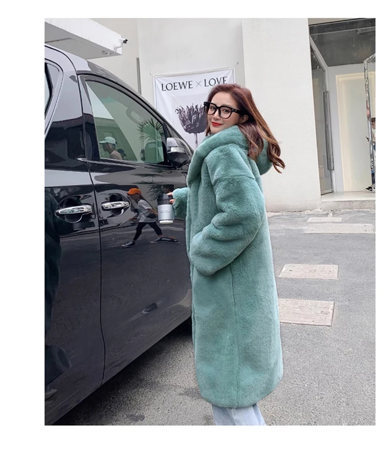 Lautaro Winter Long Loose Casual Windproof Soft Thick Warm Fluffy Green Black Faux Fur Coat Women with Hood Furry Overcoat 2023