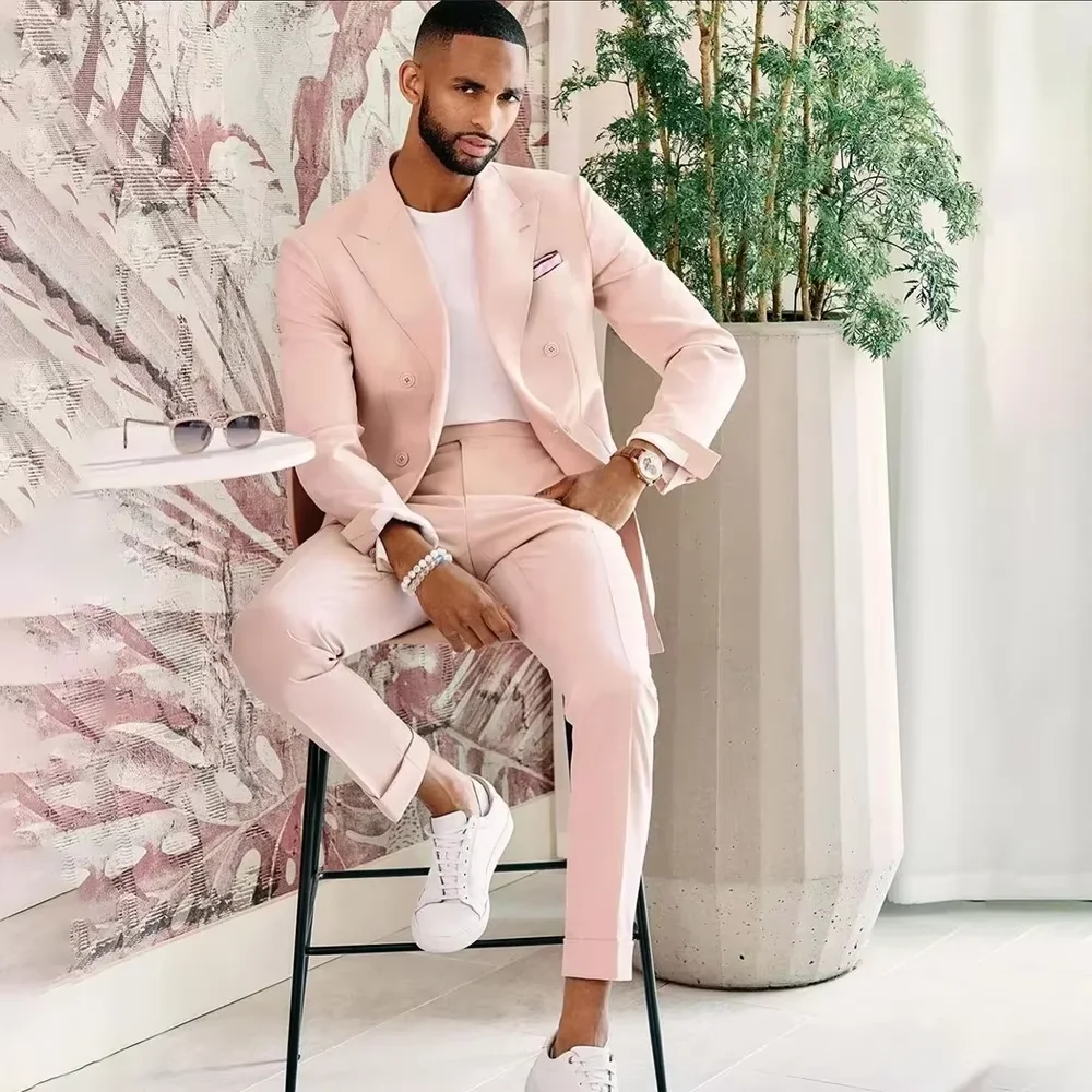 Ternos masculinos rosa, 2 peças (jaqueta + calça), moda cavalheiro, alta qualidade, lapela de pico, conjunto de blazer duplo, elegante, terno masculino