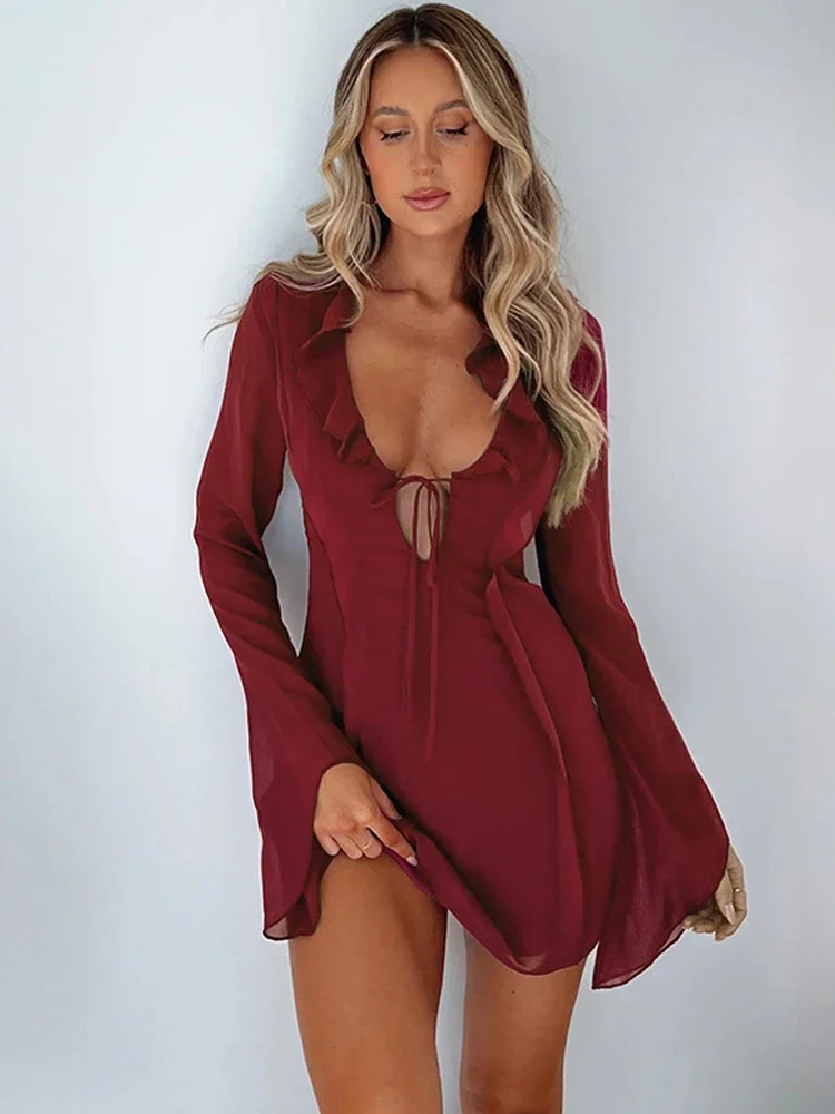 2023 Summer Mesh Long Sleeve Bandage Dress Mini Ruffles Women\'s V Neck Sexy Bodycon Dresses Party Beach Evening Outfit