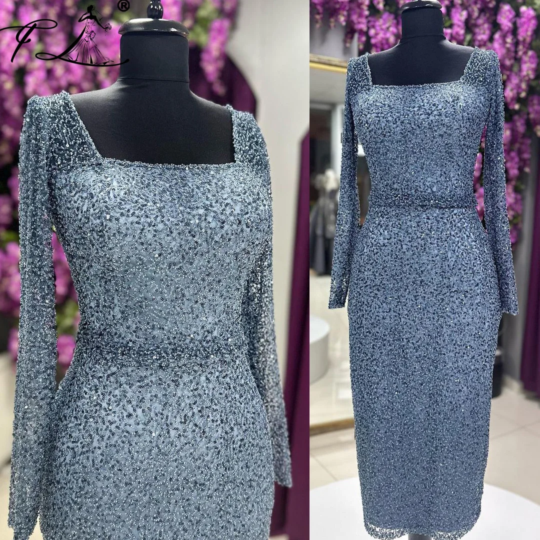 Blue Beaded Mother Of The Bride Dresses 2025 Square Neck Evening Dress Long Sleeves Robe Customized