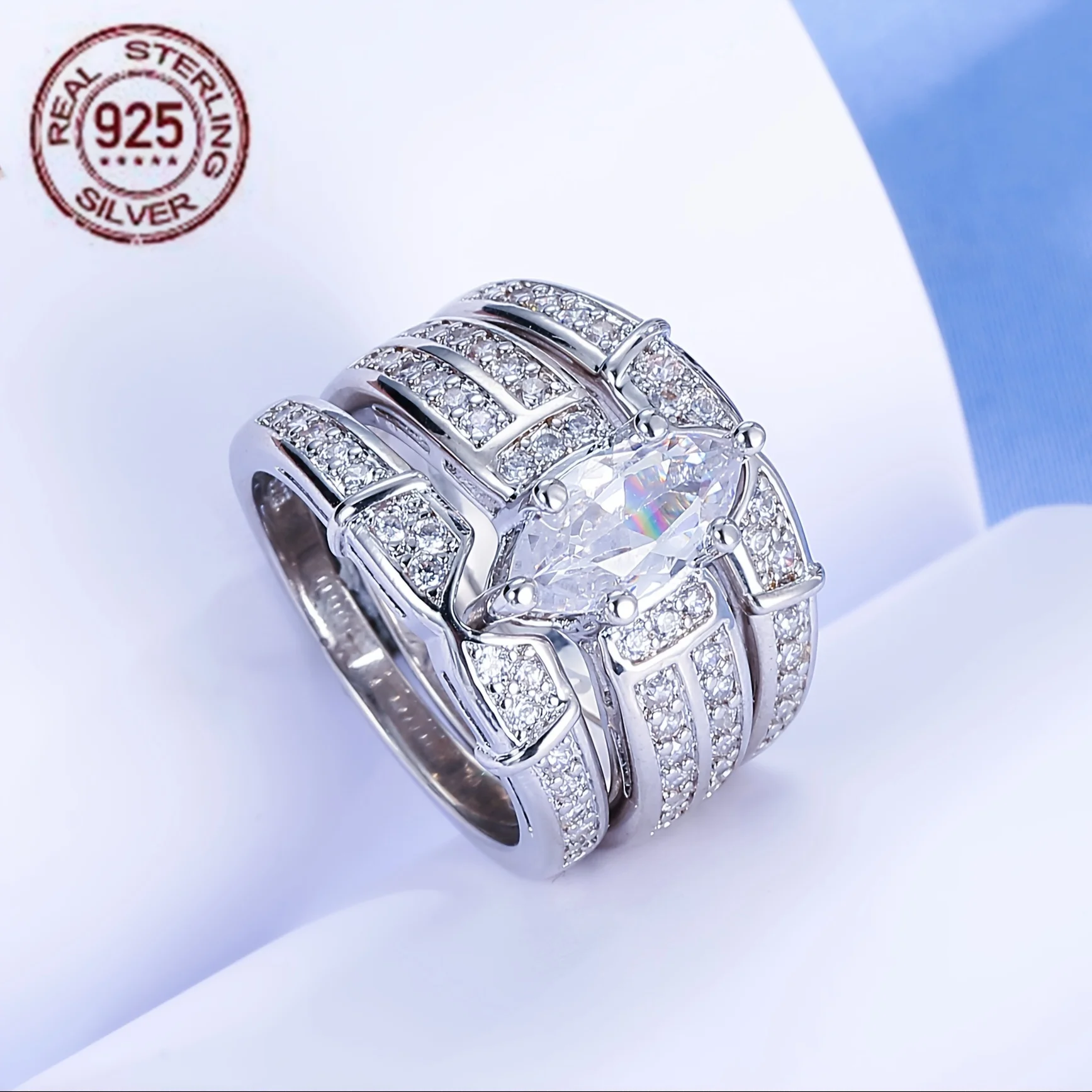 3 قطعة/المجموعة الأزياء الفاخرة 925 فضة تكويم هندسية الزفاف العروس خواتم مجموعة غرامة مجوهرات #2