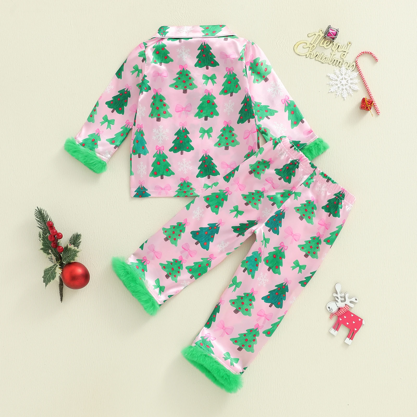 FOCUSNORM 0-7Y خريف شتاء أطفال بنات عيد الميلاد بيجامة من الساتان الملابس مجموعة شجرة طباعة التلبيب كم طويل زر أسفل القمم السراويل #6