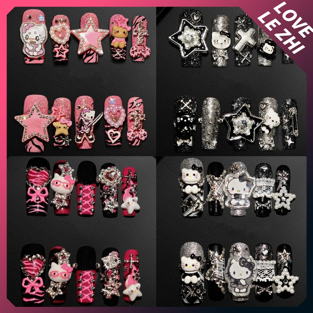 

Spicy Girl Cartoon Long Square Handmade Full Cover False Nail Heavy Metal Five-Pointed Star Bowknot Pearl Detachable Fake Nail
