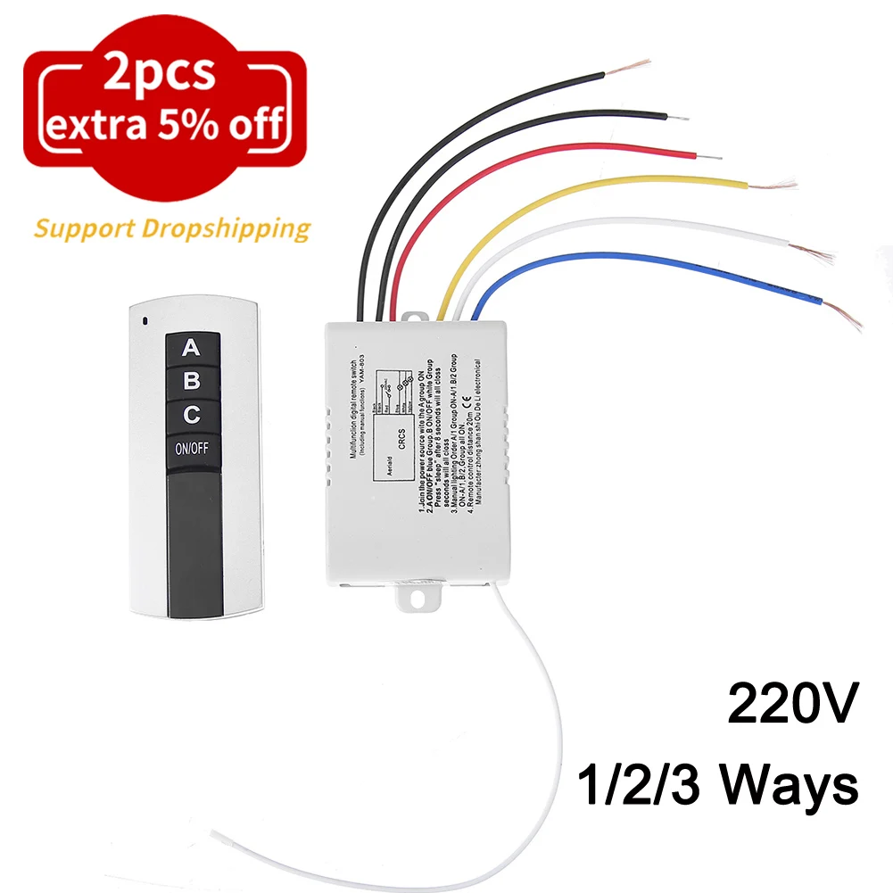 220V 1000W 1/2/3 Channel ON/OFF Wireless Remote Control Switch 1 2 3 Ways Digital Remote Controller Switch for Lighting