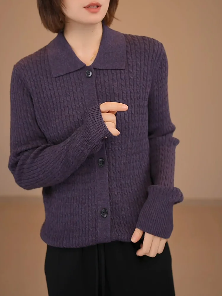 

Свободный вязаный кардиган с фиолетовым воротником, осенняя новинка, большие размеры, универсальный, омолаживающий эффект