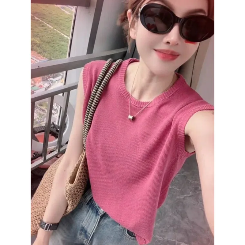 Ice Silk Knitted Sleeveless Summer 2024 New Simple Ulzzang Solid Color Commuter Casual Hot Sale Short Versatile Tank Top