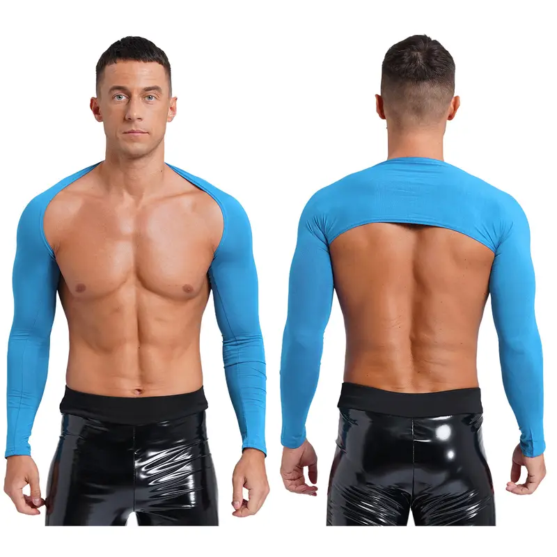 Men Open Front Half Crop Top Solid Long Sleeve Cardigan Bolero Shrug Tops Muscle Arm Sleeves Workout Sports Gym Tops Clubwear - Image 13