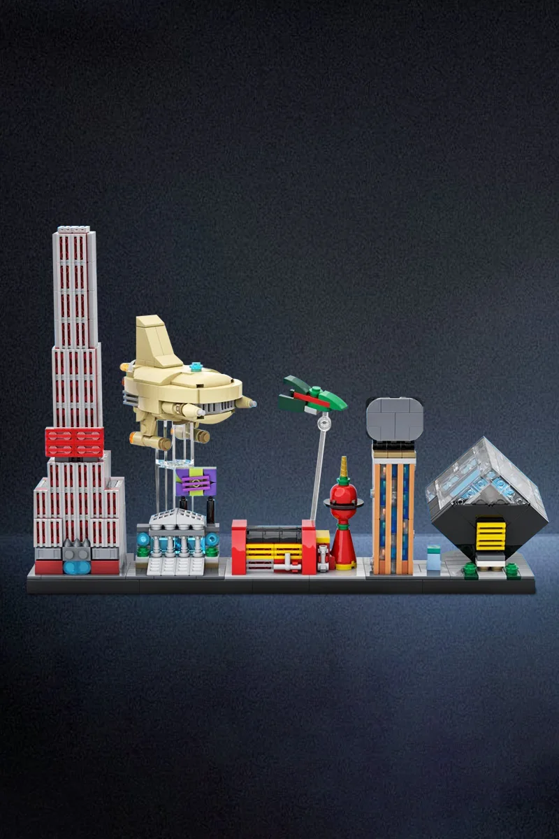 MOC-85403 Futurama Animação Skyline Modelo Blocos de Construção Futurama Skyline Cidade Street View Arquitetura Tijolos Brinquedos Crianças Presentes