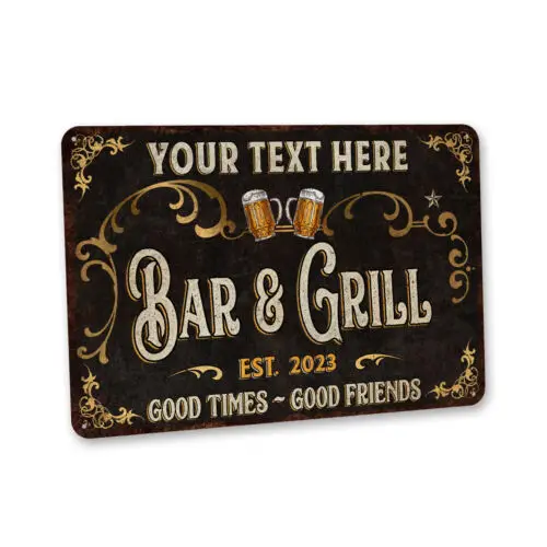 Custom Bar & Grill Sign Home Bar Decor Backyard Bar BBQ Metal Sign 108122002153