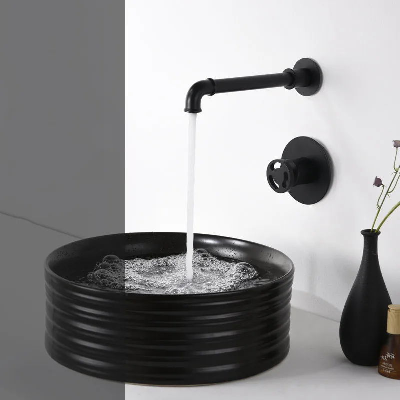 Creative Basin Faucet Wall Mounted Black Bathroom Sink Faucet In-Wall Basin Spout Tap Cold And Hot Brass Mixer Sink Tap