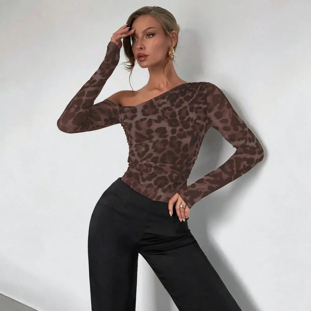 Elegant Leopard Print Bodysuit Sexy Off The Shoulder Long Sleeve Slim Jumpsuit Women Fashion Romper Bodycon Outfits