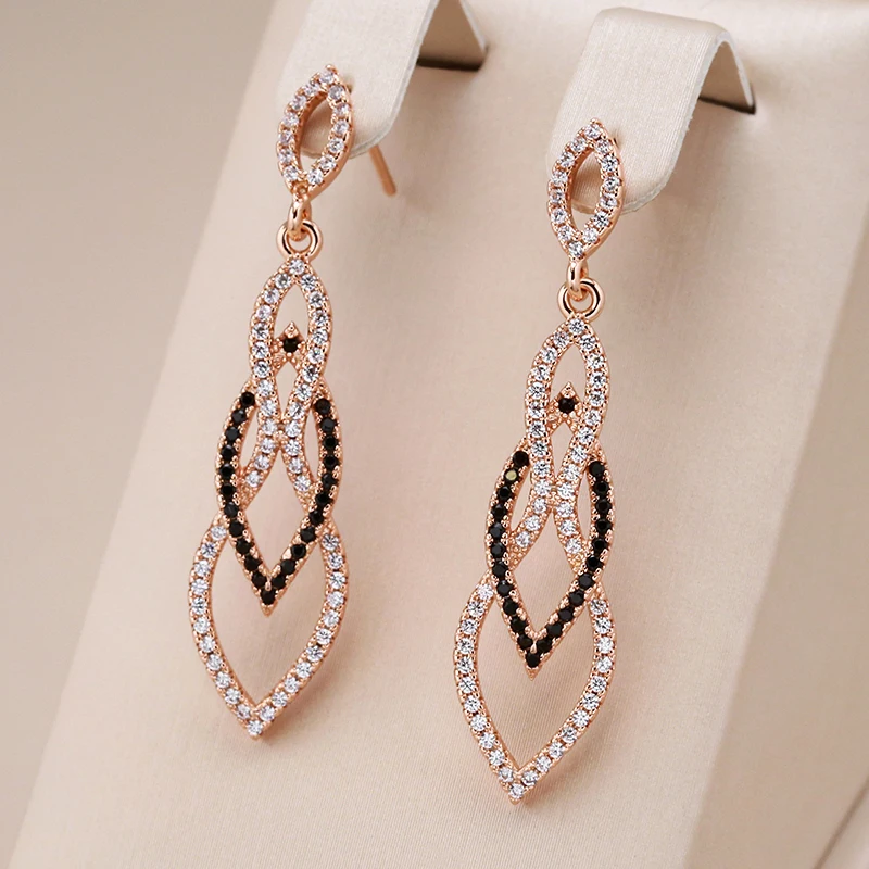 Kinel Luxury 585 Rose Gold Color Women Long Drop Earrings Black Natural Zircon Accessories Vintage Wedding Fine Daily Jewelry