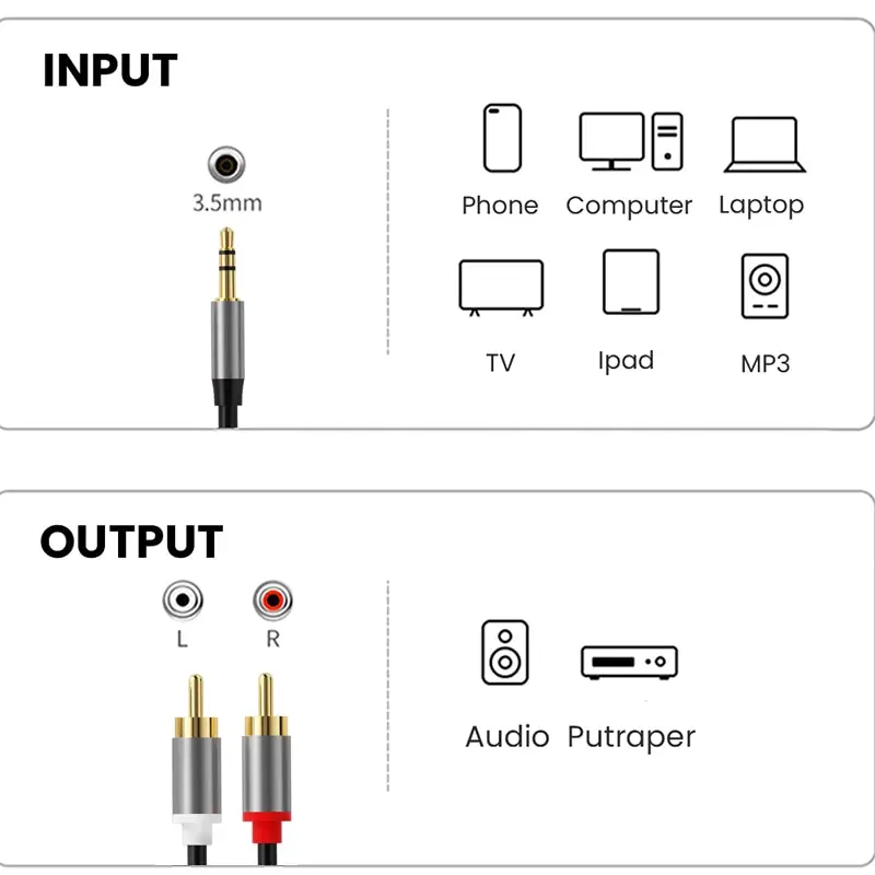 3.5mm to RCA Cable 3.5mm Aux to 2 RCA Adapter RCA Audio Cable 24K Gold Plated Male to Male Stereo Aux Cord for Stereo Speaker