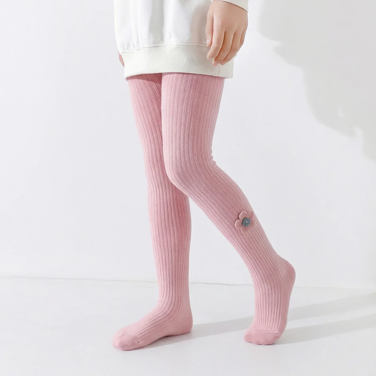 Kids Ribbed Tights for Girls Spring Autumn, High-Elastic Warm Slim Base Long Socks Flower Bow Versatile, for School Outdoo