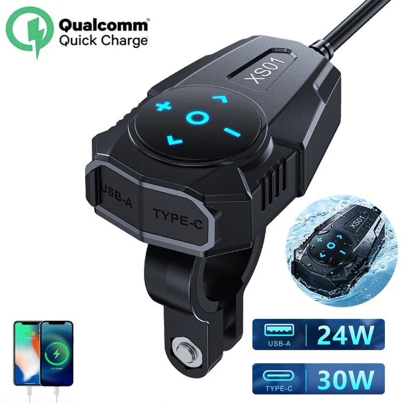 24W USB-A+30W TYPE-C Motorcycle Phone Charger 54W Waterproof Handlebar Quick Charging Power Adapter with Bluetooth Controller