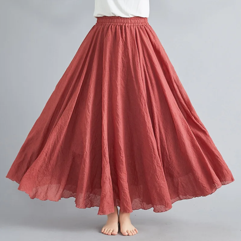 new Women\'s Elegant High Waist Linen Maxi Skirt 2023 Summer Ladies Casual Elastic Waist 2 Layers Skirts saia feminina 20 Colors