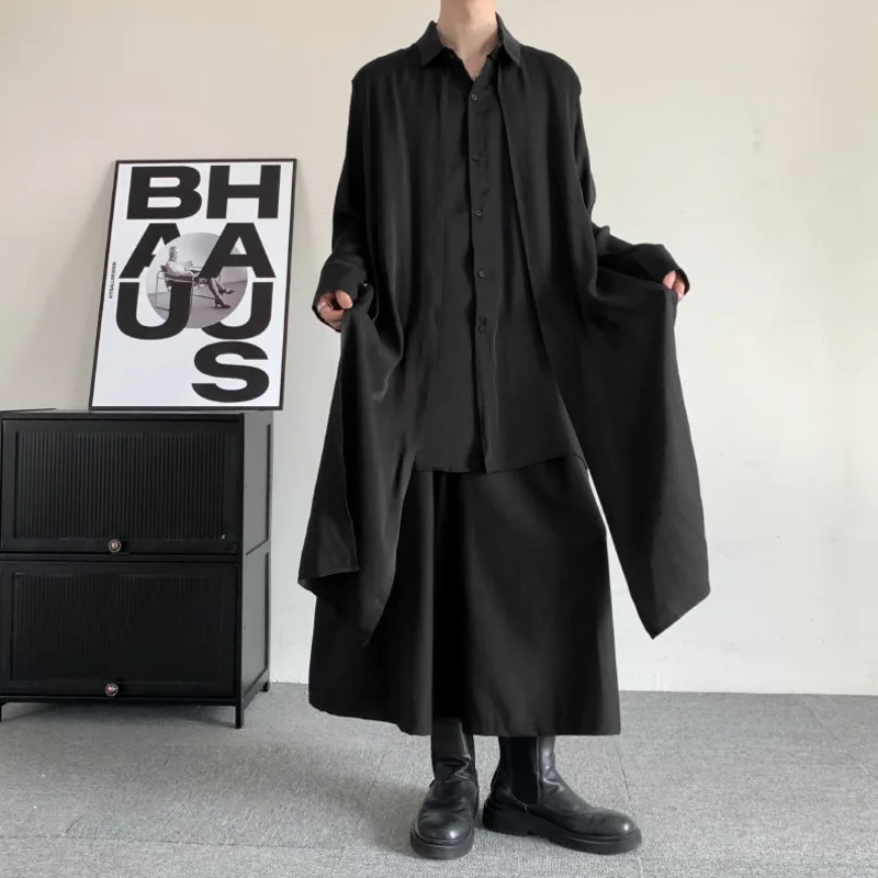 WVGA Spring Autumn New Man Chinese Style Mid-length Irregular Trendy Long Sleeve Shirts Niche Design Chic Casual Tops Ins W21536