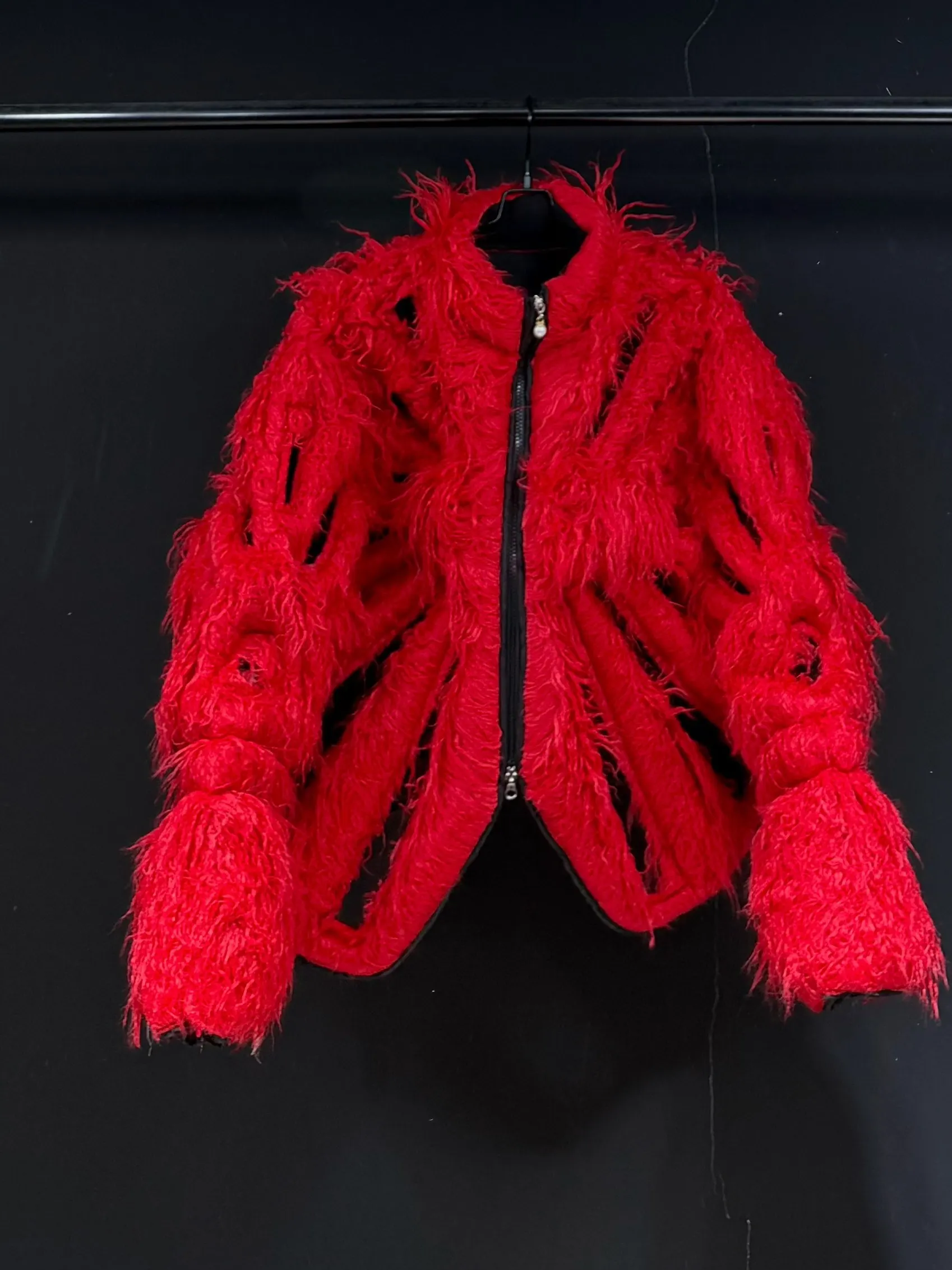 High Street Jackets Men's Retro Leopard Print Style Heavy Industry Hollowed Out Red Fur Loose Hooded Plush Jacket