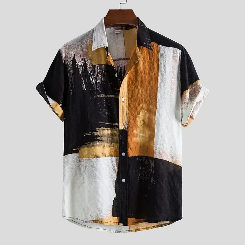 

Hot summer patchwork men's short sleeved single breasted shirt loose and casual Hawaiian ethnic party shirt