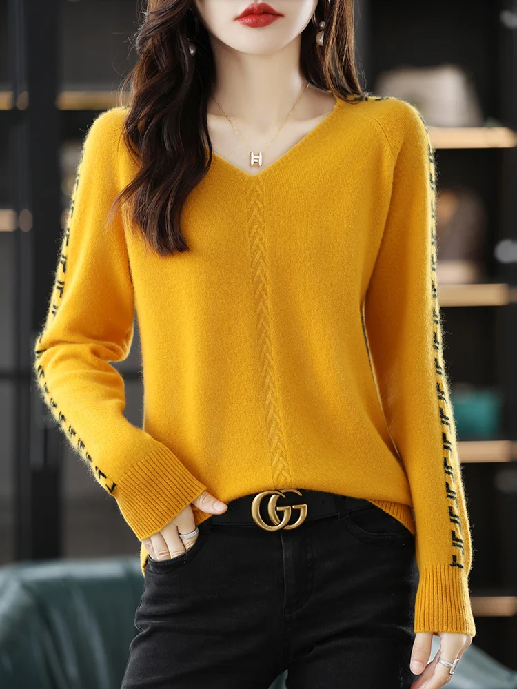 LHZSYY Cashmere Sweater Ladies Jacquard 100%Merino Wool Sweater Women\'s V-Neck Pullovers Autumn Winter New Knit Bottoming Shirt