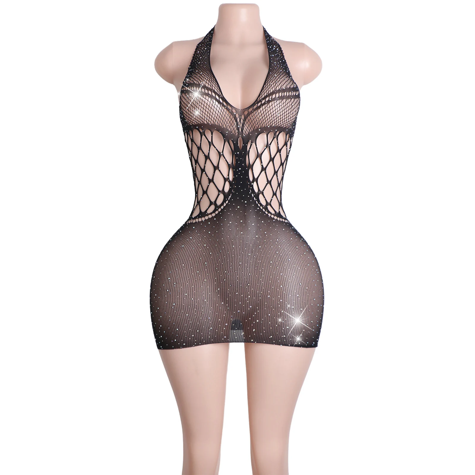 Strappy حجر الراين اللباس شبكة صيد السمك مثير بلا أكمام تصميم كلوبوير أداء الزي صافي المرحلة حلي