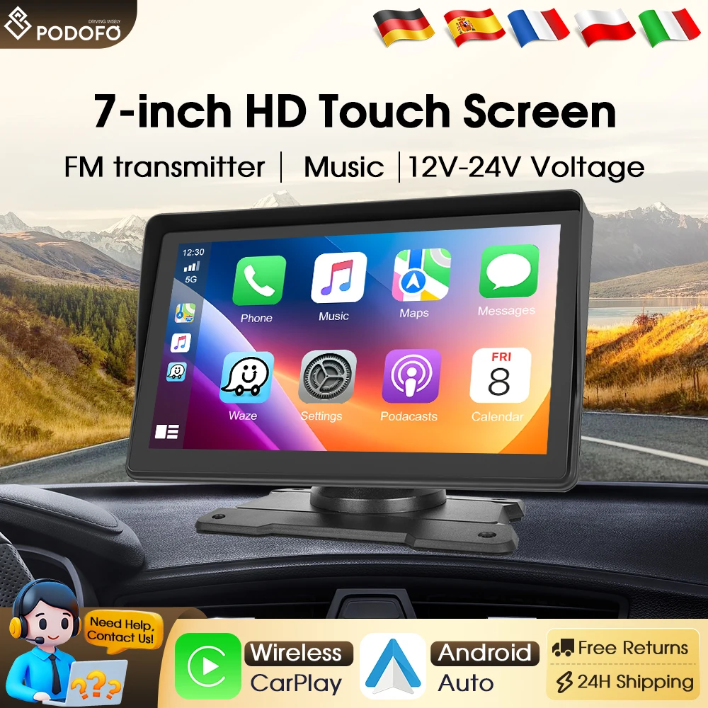 Lecteur MP5 universel pour voiture Podofo 7 pouces HD, portable, avec Carplay sans fil, Android Auto, Mirrorlink, Bluetooth, USB, SD, transmission FM, autoradio