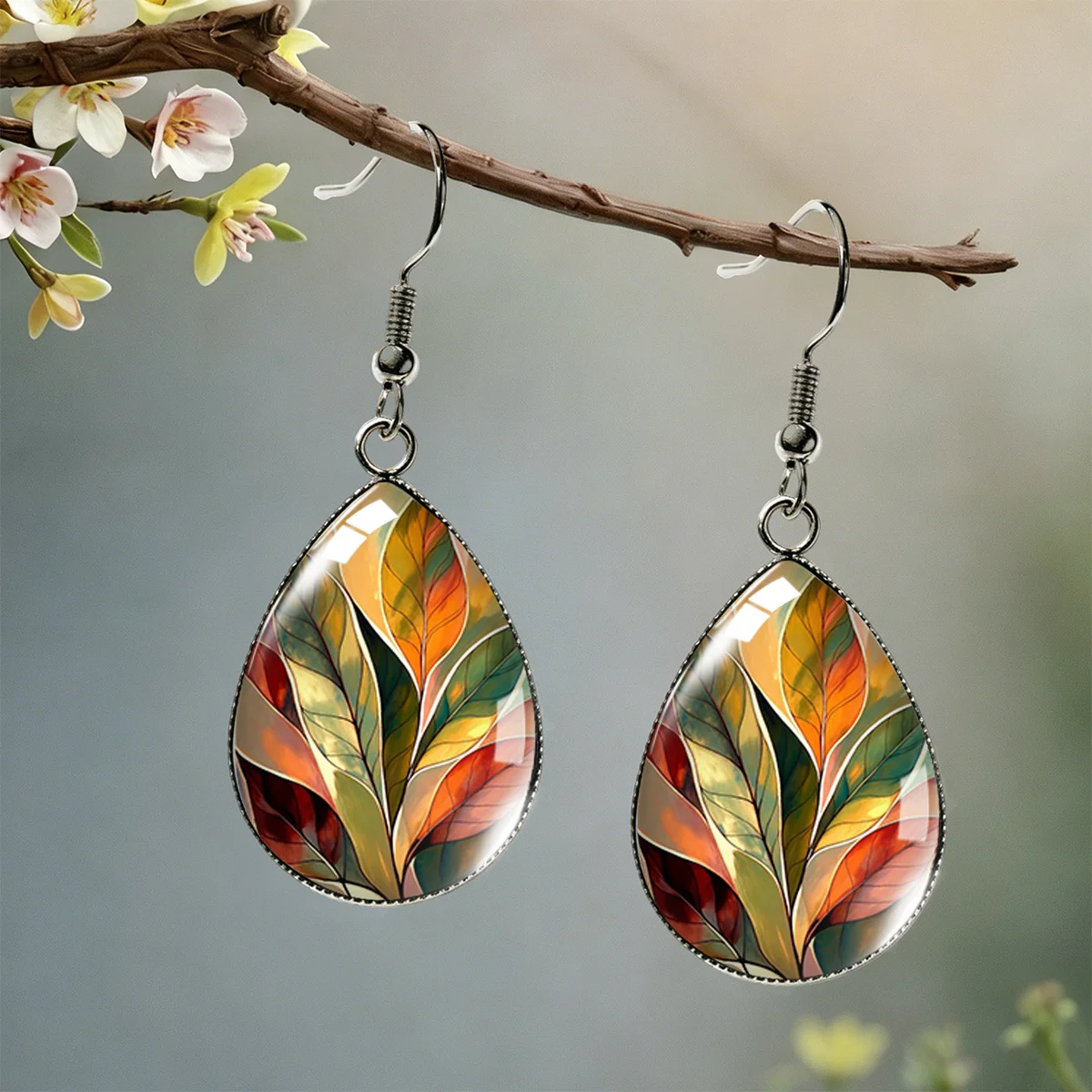 1 pair, colorful autumn leaf art texture pattern water drop earrings, unisex earrings