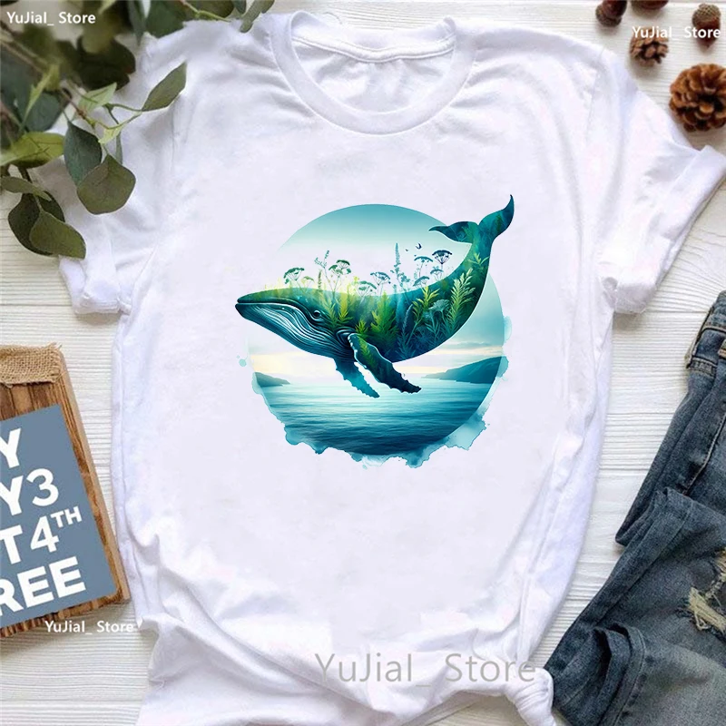 

Cool Whale Printed T Shirt Women Clothes 2024 Flowers Fashion Tshirt Femme Summer Short Sleeve T-Shirt Female